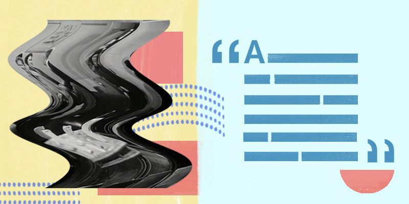 Abstract image with distorted black and white image on the left and text description on the right