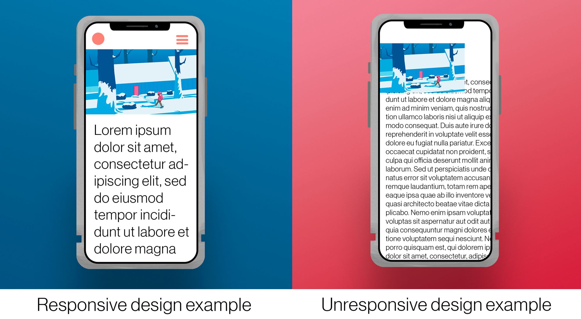 Side by side comparison 1 smartphone with responsive display 1 without